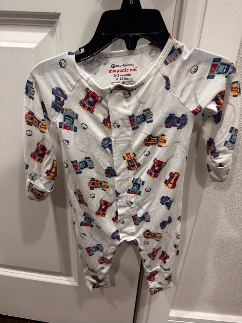 Magnetic Me White Car-Print Baby One-Piece with Blue, Red and Yellow Cars